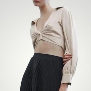 Zara Golden Tan Satin Ruched Crop Long Sleeve